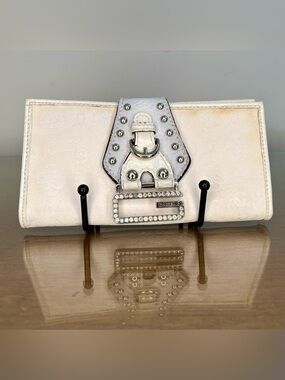 Y2K Guess Women's Wallet Large White Silver Rhinestones Buckle 2000’s